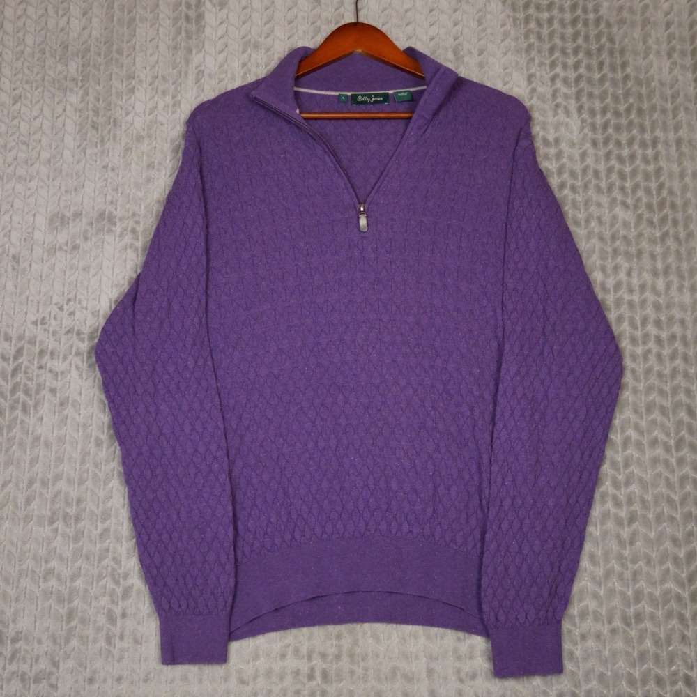 Bobby Jones Quarter Zip Sweater Mens L Purple Diamond Knit Cotton